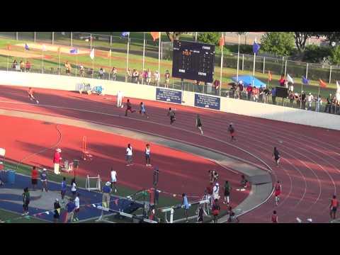 Video of 2015 Region 2-5A Meet | Boys 4x400 (Xavier runs 3rd leg - orange top, navy blue shorts/white stripes) | 3:14.21