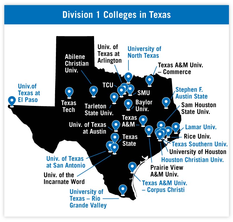 Map of Texas division 1 schools