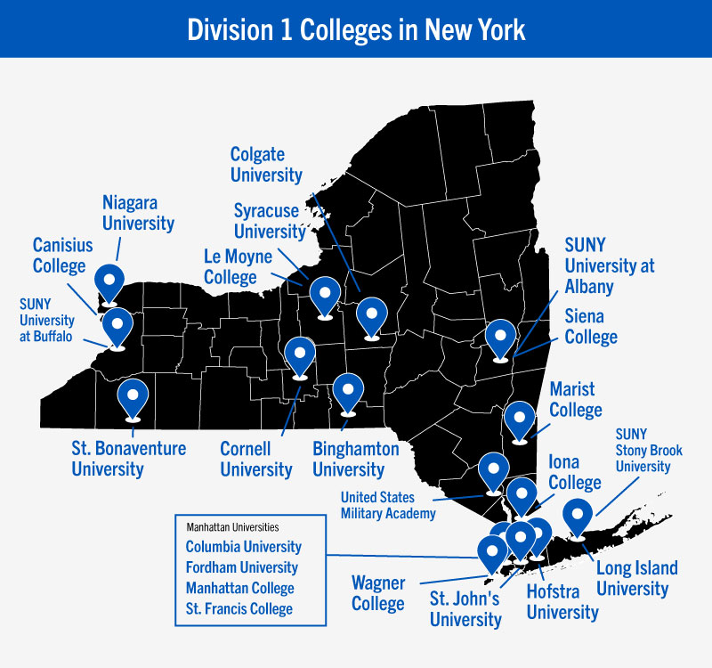 map of division 1 colleges in New York